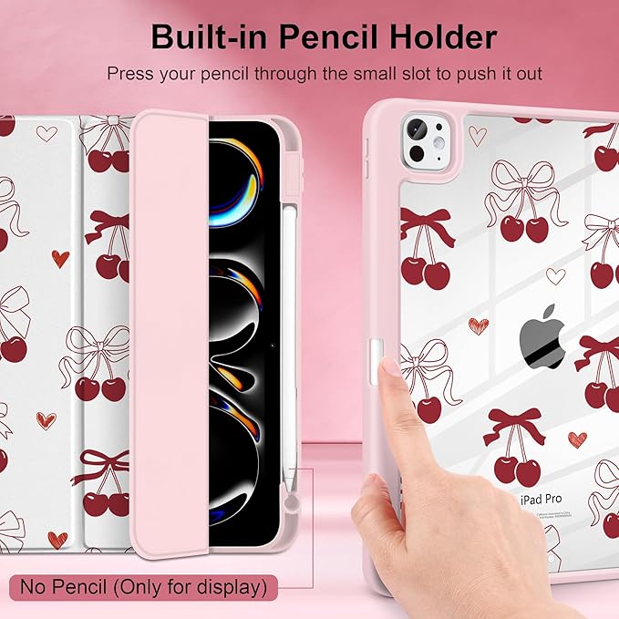 Case for iPad Pro 11 inch (M5) 2025 (M4) 2024 Release with Pencil Holder - Aesthetic Cute Preppy Design Trifold Cover with Soft TPU Bumper Clear Back Auto Sleep/Wake for Girls Women, Cherry