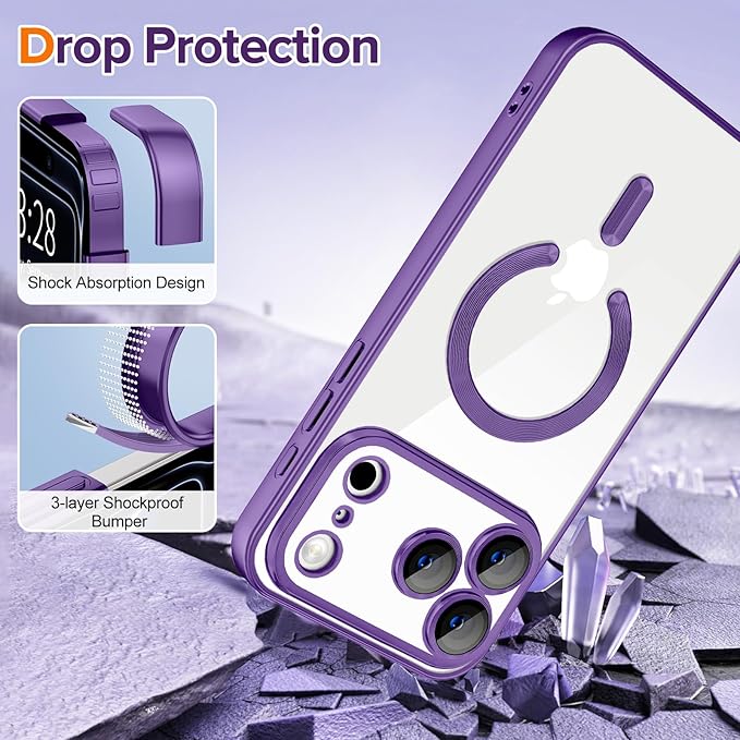 Hython Magnetic Clear for iPhone 17 Pro Max Case with Camera Lens Protector [Compatible with MagSafe] Plating Edge Slim Soft TPU Cover Protective Phone Case for iPhone 17 Pro Max 6.9", Matte Purple