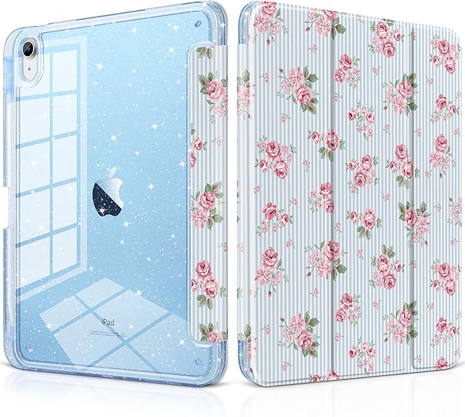 DONGKE for iPad Pro 11 inch Case – Fits M5 2025 / M4 2024, Shockproof Sparkling Glitter Acrylic Back, Pencil Holder, Trifold Stand, Auto Sleep/Wake & Touch ID Support - Tiny Roses