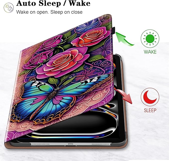 Case for iPad Pro 13 inch (M5/M4) 2025/2024, Premium Leather Folio Stand Protectors Cover with Auto Wake/Sleep, Pencil Holder, Hand Strap and Card Slots - Colorful Butterfly