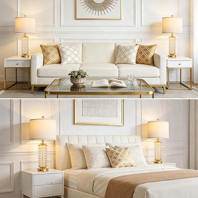 QiMH Gold Lamps for Living Room with LED Night Light,26" Modern Beside Lamps Set of 2 with Linen Shade & USB A+C Ports,Glass Table Lamps for Bedroom, Nightstand, Office, Home Decor(2 Blubs Included)