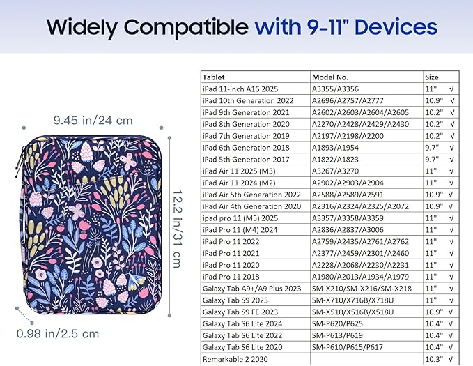 TiMOVO 9-11" Tablet Sleeve Bag for iPad 11-inch A16 2025, iPad 10.9"/10.2"| Air 11 Inch/5th/4th Gen. 10.9", Galaxy Tab A9+/A11Plus 11", Protective Bag with Pockets, Colorful Flower