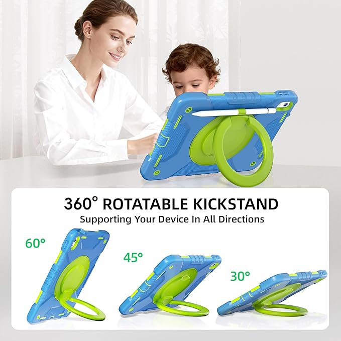 Andnary Case for iPad (A16) 11th Generation 11 inch 2025/10th Generation 10.9 inch 2022, Shockproof Cover with Screen Protector/360° Rotate Handle/Bracket/Pen Holder/Shoulder Strap (Blue+Green)
