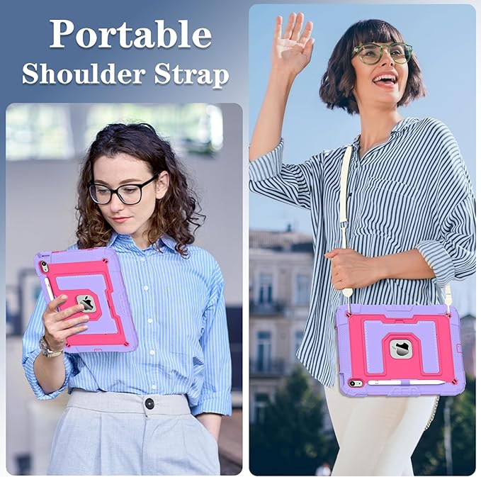 Kids Friendly Case for iPad A16 11th Generation 11 Inch 2025 / iPad 10th Generation 10.9" 2022 Case with Pencil Holder & Shoulder Strap, Hybrid iPad 11 10 Cover Rugged Shockproof Kickstand,Rose+Purple