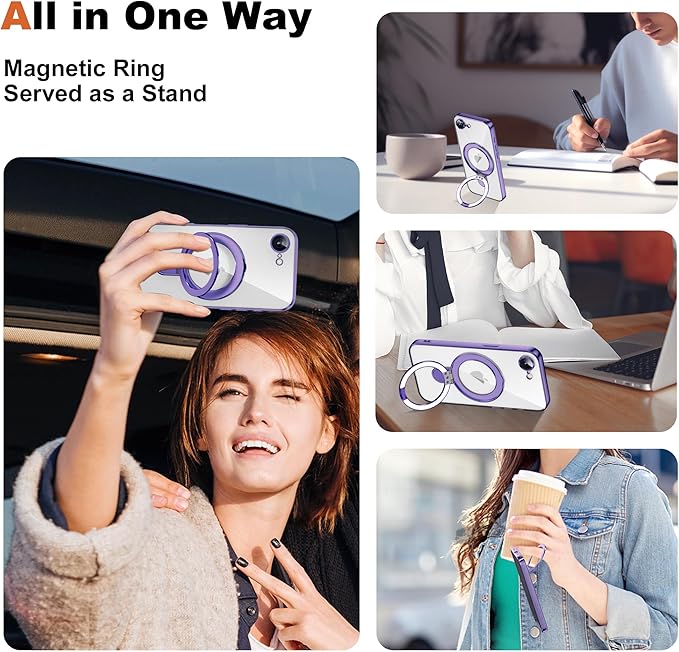 Compatible with iPhone 17E/16E Case with Invisible Magnetic Ring Stand [Compatible with Mag-Safe] [Full Camera Lens Protector] Plating Clear Phone Case for iPhone 17E/16E 6.1", Purple