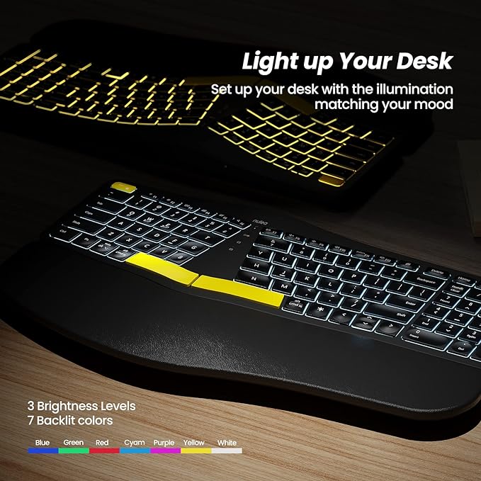 Nulea Wireless Ergonomic Keyboard, Split Keyboard with Wrist Rest, USB-C Charging, 7-Color Backlight, Natural Typing, Bluetooth and USB Connectivity, Compatible with Windows/Mac
