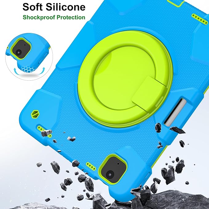 Andnary Case for iPad Air 11 inch Case M4/M3/M2 (2026/2025/2024), Heavy Duty Shockproof Cover with Screen Protector, 360° Rotating Stand, Pencil Holder, Shoulder Strap (Blue+Green)