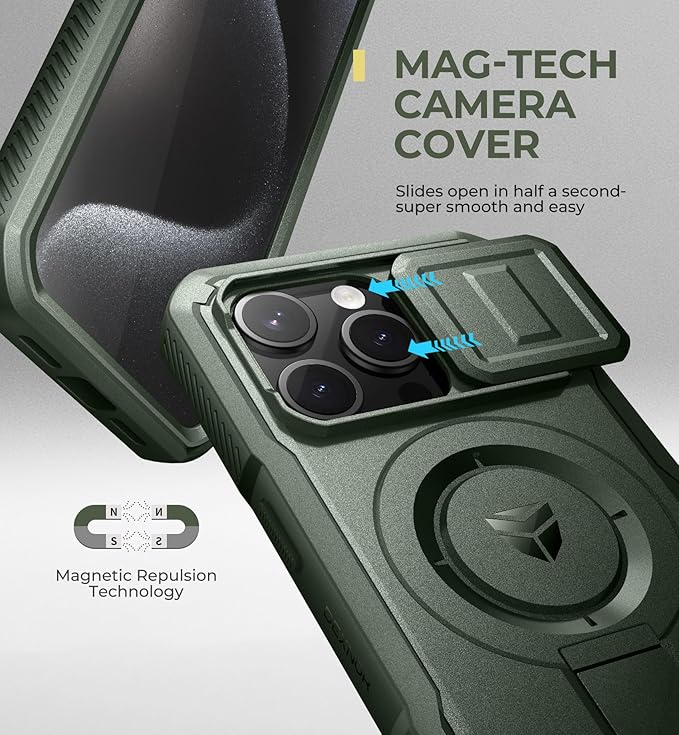 Dexnor for iPhone 15 Pro Case with Slide Camera Cover & Adjustable Kickstand & Built-in Screen Protector, Magnetic Rugged Shockproof Bumper Cases Heavy-Duty Magnetic Protective Cover,Army Green