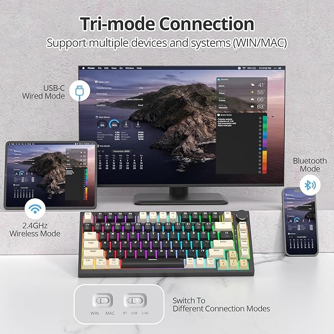 400PRO 75% Wireless Creamy Mechanical Keyboard Black, Gasket Hot Swappable RGB Gaming Keyboard, Bluetooth/2.4GHz/USB-C Thocky Keyboard with Pre-lubed Cream Grey Switches (82 Black)
