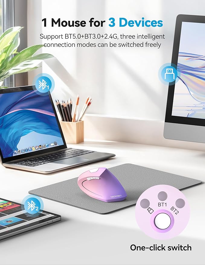 TECKNET Ergonomic Mouse Rechargeable Bluetooth - 4800 DPI Vertical Mice 6 Adjustable Levels, Wireless Optical Carpal Tunnel Mouse Right Hand, Multi Device for Laptop, PC, Computer - Pink Purple