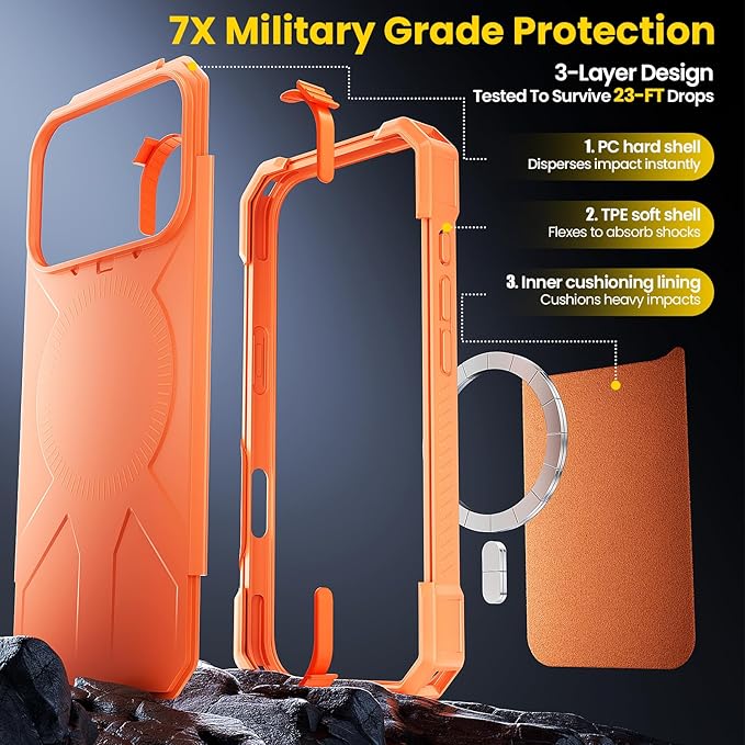 3 in1 for iPhone 17 Pro Max Case,[1 Screen Protector & 1 Camera Lens Protector ],7X Military-Grade Drop Protection ,Fits MagSafe ,Tough, Rugged & Durable for Heavy Duty iPhone 17 Pro Max Case, Orange