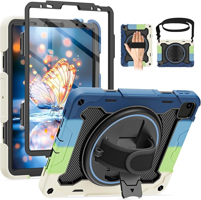 for iPad Pro 11 Case 4th 3rd 2nd 1st Gen (2022 2021 2020 2018) & iPad Air 5th 4th Generation 10.9 inch Case with HD Screen Protector, 360 Rotating Kickstand/Hand Strap, Shoulder Strap
