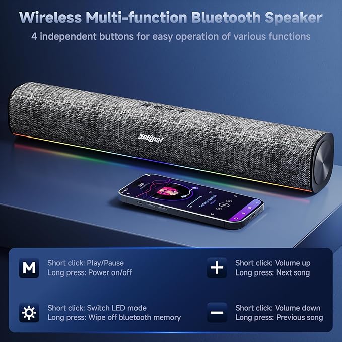 SOULION Bluetooth Computer Speakers with Dynamic LED Light, USB Plug & Play PC Speakers with Switch Button, Clearly Sound Soundbar for Desktop Laptop Monitor MG(USB-C to USB Adapter Included)
