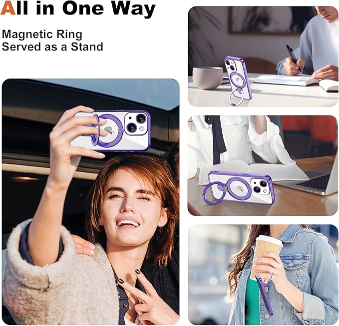 Compatible with iPhone 15 Case with Invisible Magnetic Ring Stand [Compatible with Mag-Safe] [Full Camera Lens Protector] Plating Clear Phone Case for iPhone 15 6.1", Purple