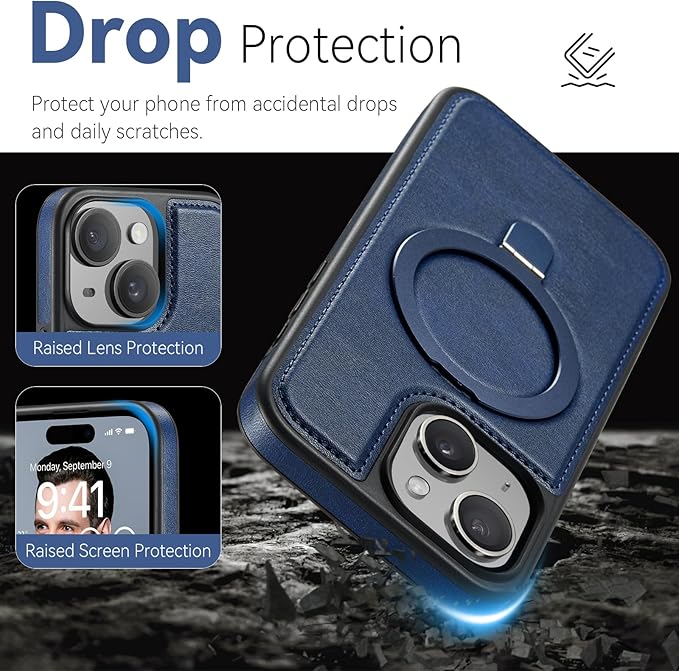 for iPhone 14 Plus Case with Stand Compatible with Magsafe Slim PU Leather & Durable TPU Drop Proof Magnetic Kickstand Protective Cover with Tempered Glass Screen Protector 6.7", Blue