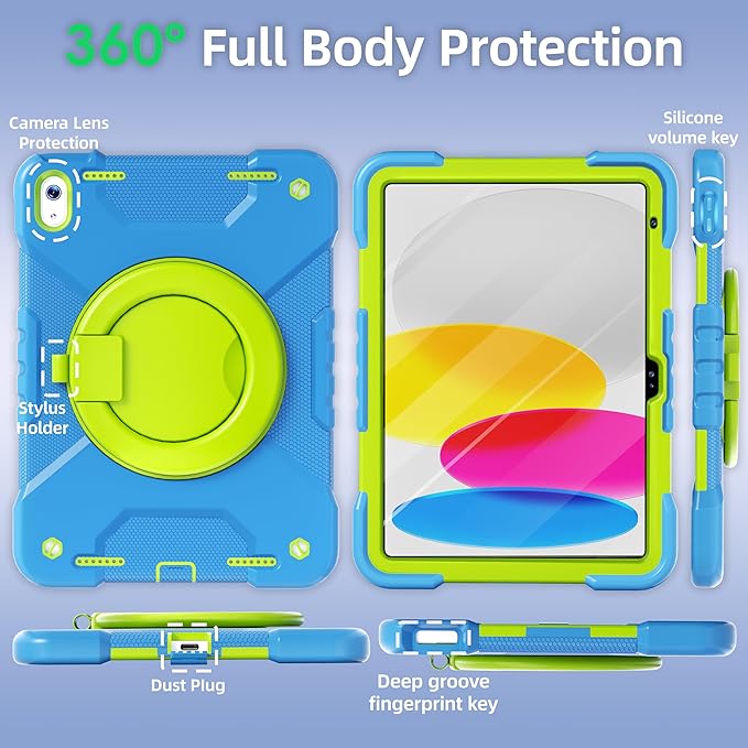 Andnary Case for iPad (A16) 11th Generation 11 inch 2025/10th Generation 10.9 inch 2022, Shockproof Cover with Screen Protector/360° Rotate Handle/Bracket/Pen Holder/Shoulder Strap (Blue+Green)