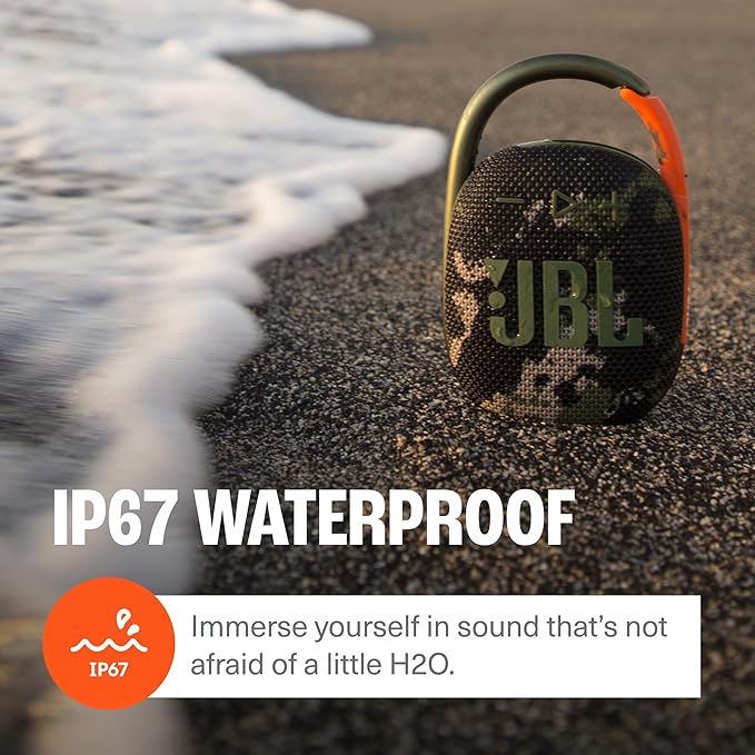JBL Clip 4 - Portable Mini Bluetooth Speaker, big audio and punchy bass, integrated carabiner, IP67 waterproof and dustproof, 10 hours of playtime, speaker for home, outdoor and travel (Squad)