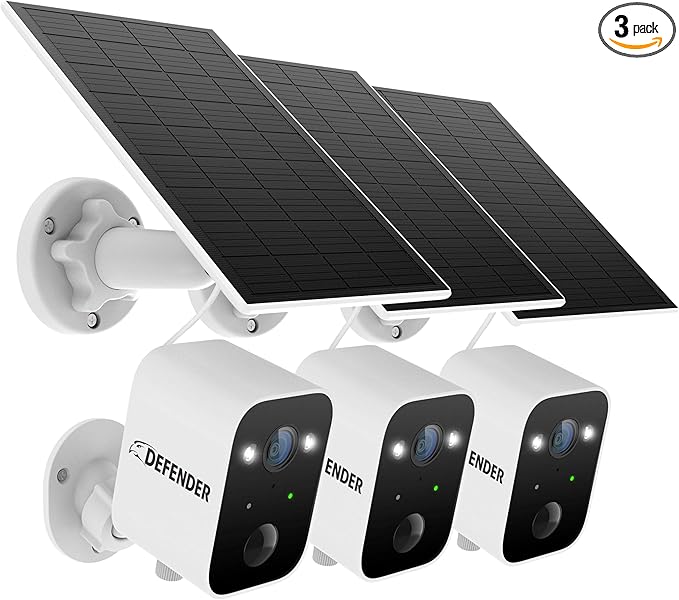 Defender Solar Powered 4K/8MP AI Everwatch Wireless Outdoor Security Camera, 3 Pack, Battery Powered, AI Tracking, Color Night Vision, Spotlight/Siren, IP66 Rated, Two-Way Talk, No Monthly Fees