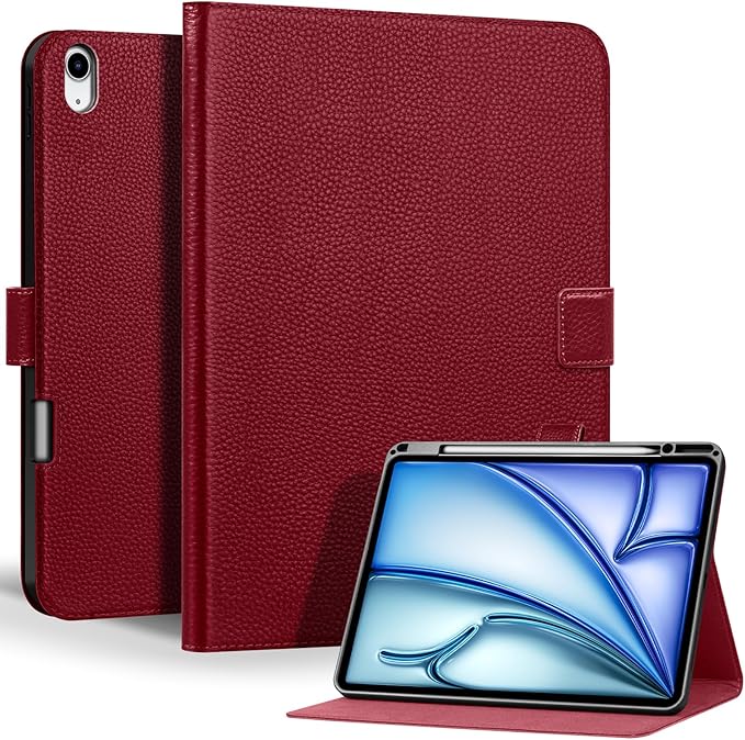 Genuine Leather Case for iPad Air 13 inch M4 2026/M3 2025/M2 2024, with Pencil Holder and Adjustable Stand, Magnetic Closure, Auto Wake/Sleep Cover | Wine Red