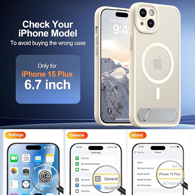Magnetic Compatible with iPhone 15 Plus Case, [Built-in Kickstand][Full Camera Protection][Compatible with MagSafe][Anti-Fingerprint] Shockproof Phone Case for iPhone 15 Plus 6.7",Beige