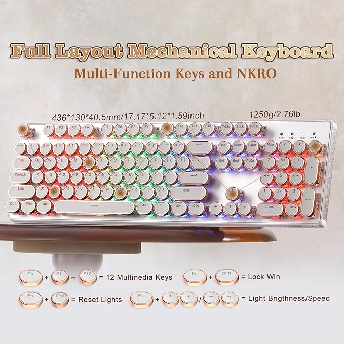YUNZII QL108 Typewriter Style Mechanical Gaming Keyboard,Full Size Hot Swappable RGB Backlit Keyboards,Metal Panel Retro Punk Round Keycaps,USB Wired Computer Keyboard (Silver, Onyx Gray Switch)