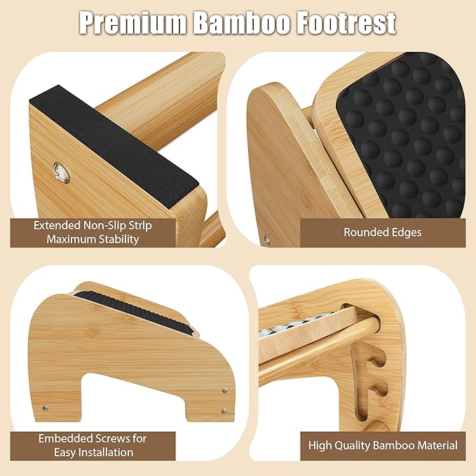 Upgraded Under Desk footrest- Bamboo Ergonomic Adjustable Footrest with 3 Height & Angle Settings,Pebble Massage Surface for Improved Posture and Blood Circulation,Home & Office