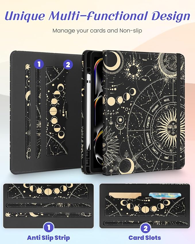 Kidcube for iPad Pro 13 Inch Case M4 2024 - Women Girls Cute Rotating Stand Folio Cover with Pencil Holder & Card Slot Girly Sun Moon Stars Design for iPad Pro 13 Inch Case 2024 (A2925 A2926 A3007)
