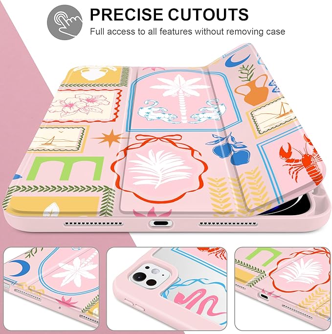 Case for iPad Pro 11 inch (M5) 2025 (M4) 2024 Release Slim Lightweight Cute Light Pink Cover with Clear Back TPU Edge Pencil Holder Trifold Stand, Creative Collage