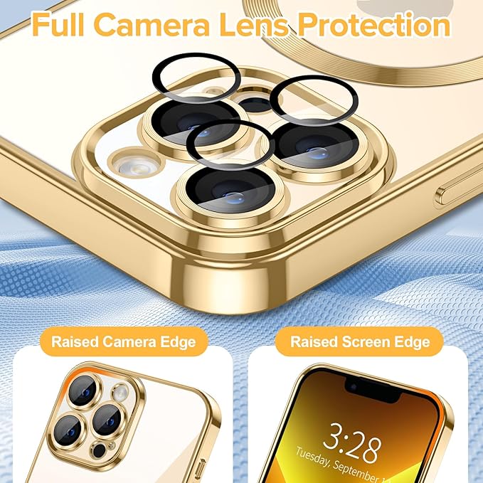 Hython Magnetic Clear for iPhone 13 Pro Case with Camera Lens Protector [Compatible with MagSafe] Luxury Plating Edge Slim Soft TPU Cover Protective Phone Case for iPhone 13 Pro 6.1", Gold