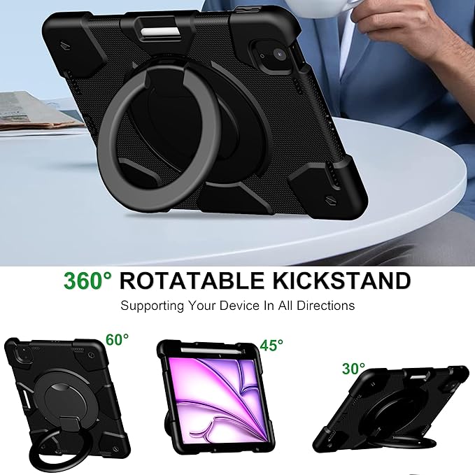 Andnary Case for iPad Air 11 inch Case M4/M3/M2 (2026/2025/2024), Heavy Duty Shockproof Cover with Screen Protector, 360° Rotating Stand, Pencil Holder, Shoulder Strap (Black)