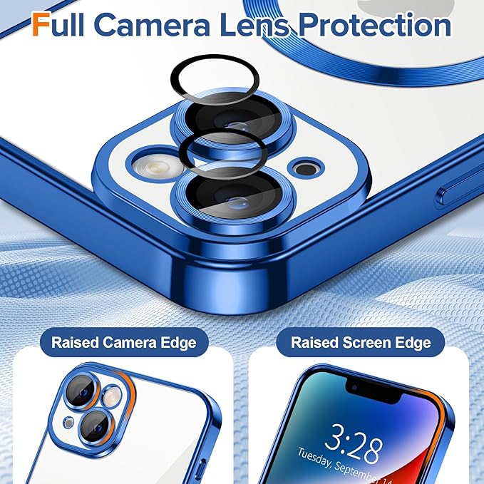 Hython Magnetic Clear for iPhone 14 Plus Case with Camera Lens Protector [Compatible with MagSafe] Luxury Plating Edge Slim Soft TPU Cover Protective Phone Case for iPhone 14 Plus 6.7", Deep Blue