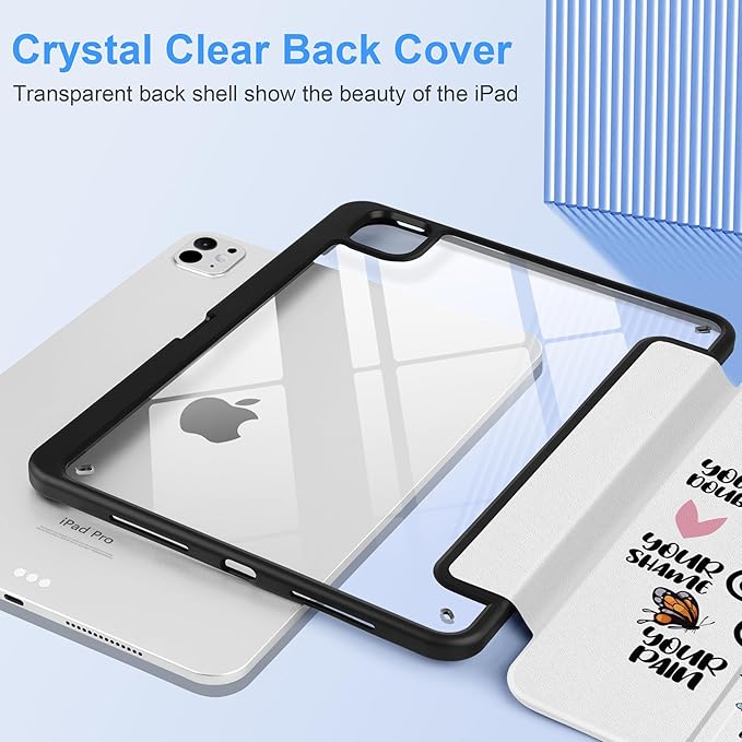 Case for iPad Pro 11 inch (M5) 2025 (M4) 2024 Release with Pencil Holder -Creative Inspiring Design Trifold Cover with Soft TPU Bumper Clear Back Auto Sleep/Wake for Students, Creative slogans