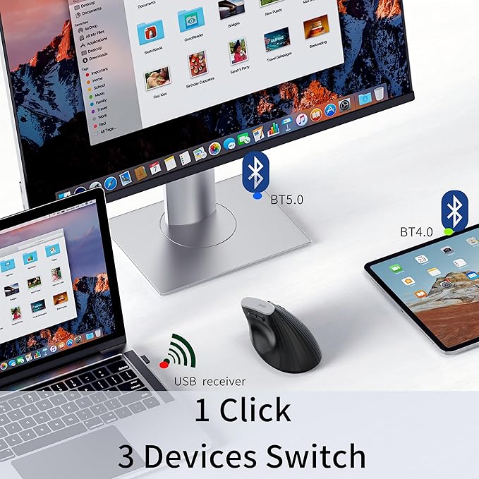 Uineer Vertical Ergonomic Mouse – Tri-Mode Wireless Bluetooth 5.0/4.0 & 2.4GHz USB Receiver, Battery-Powered, Connects to 3 Devices, 4 DPI Optical Mice for PC, Laptop, Compatible with Windows, Mac