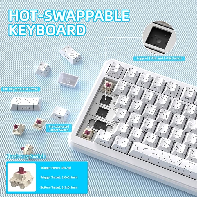 ATTACK SHARK X85PRO 75% Wireless Mechanical Keyboard,TFT Smart Display & Knob,BT/2.4GHz/Wired Gaming Keyboard,Contour Side Print Shine-through Keycaps,RGB,Hot-Swap,with Pro Cable, for PC/MAC (White)