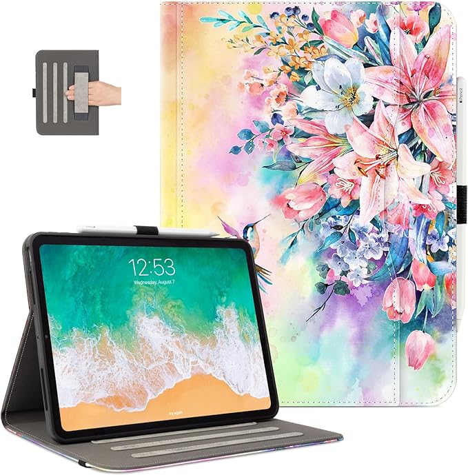 Vimorco for iPad Pro 13 Inch Case M5/M4 2025/2024, Flower for iPad 13 Pro Case M5/M4 for Girls Women, Pu Leather Protective Adjustable Stand, Hand Strap, Pocket, Pencil Holder, Hummingbirds & Flowers