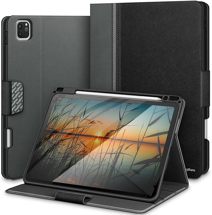 KingBlanc for iPad Pro 12.9 Case 6th/5th/4th/3rd Generation (2022/2021/2020) with Pencil Holder, PU Leather Smart Stand Cover, Auto Sleep/Wake, Apple Pencil2 Charging, Multi-Angle for Typing, Black