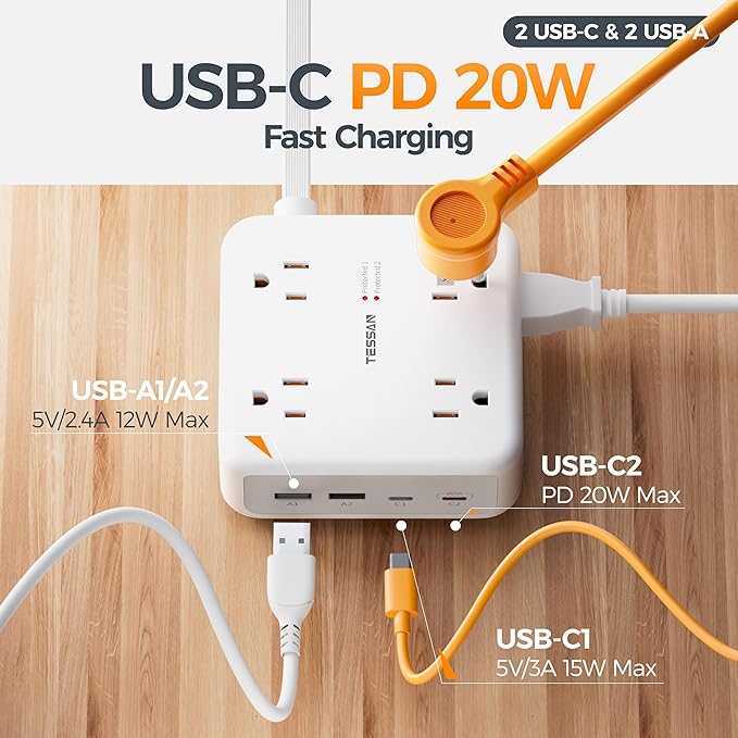 TESSAN 10 Ft Surge Protector Power Strip, 4 USB(2 USB C) 8 Outlets, Flat Plug Extension Cord with Multiple Outlets, 2100J Protection, 20W Desk Charging Station for Home, Office, Dorm Room Essentials