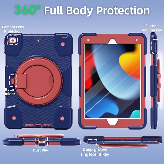 Andnary Case for iPad 9th/8th/7th Generation 10.2 inch, Shockproof Cover with Screen Protector/360° Rotate Stand/Pencil Holder/Shoulder Strap, Kids Case for iPad 2021/2020/2019 (Navy+Red)