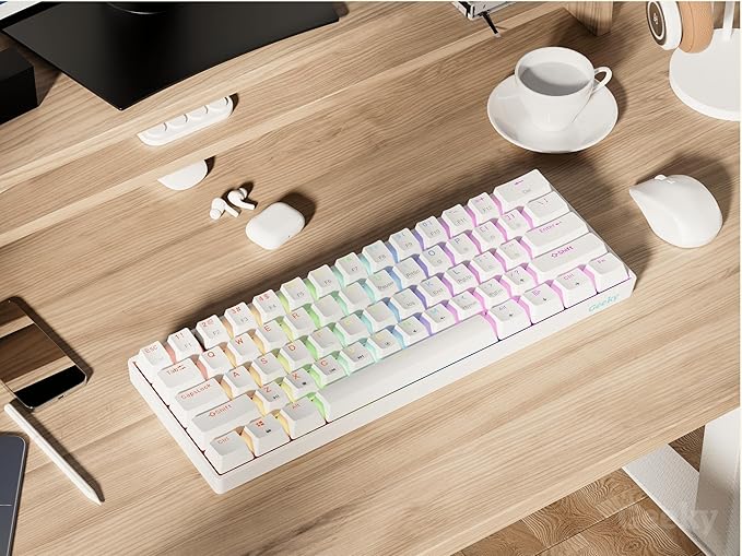 Geeky GK61 SE 60% | Mechanical Gaming Keyboard | 61 Keys Multi Color RGB LED Backlit for PC/Mac Gamer | ANSI US American Layout (White, Mechanical Speed Silver)