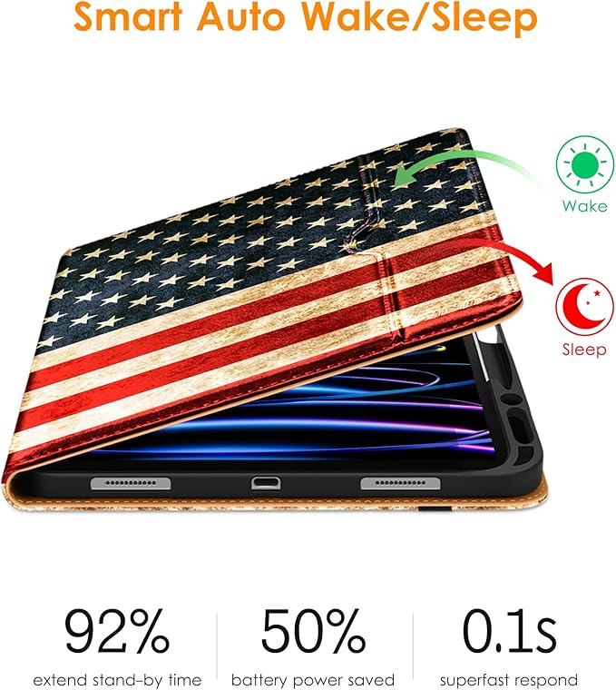 DTTO for iPad Pro 12.9 6th / 5th / 4th / 3rd Generation Case 2022/2021/2020/2018, Premium Leather Folio Stand Cover with Built-in Pencil Holder -Auto Wake/Sleep and Multi Viewing Angles,US Flag