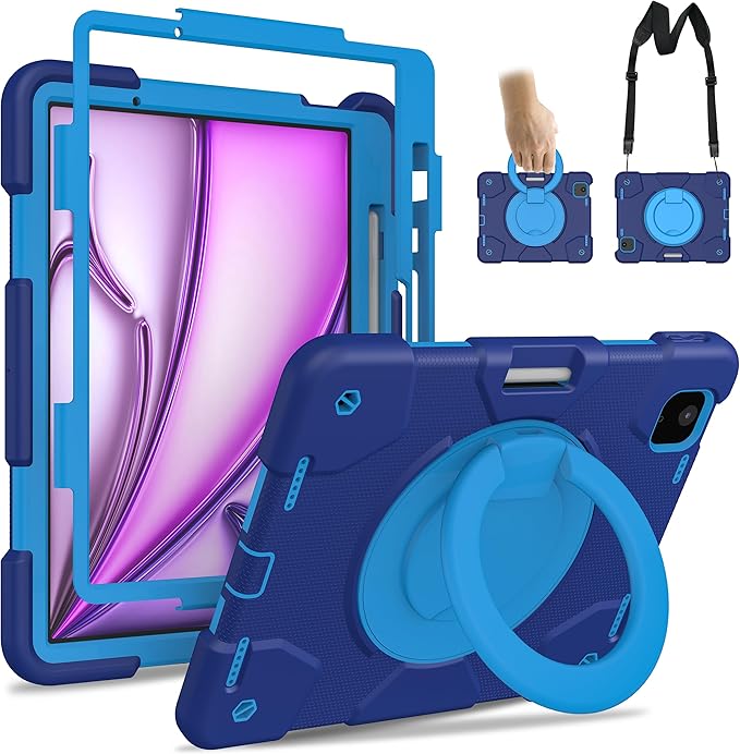 Andnary Case for iPad Air 11 inch Case M4/M3/M2 (2026/2025/2024), Heavy Duty Shockproof Cover with Screen Protector, 360° Rotating Stand, Pencil Holder, Shoulder Strap (Navy+Blue)