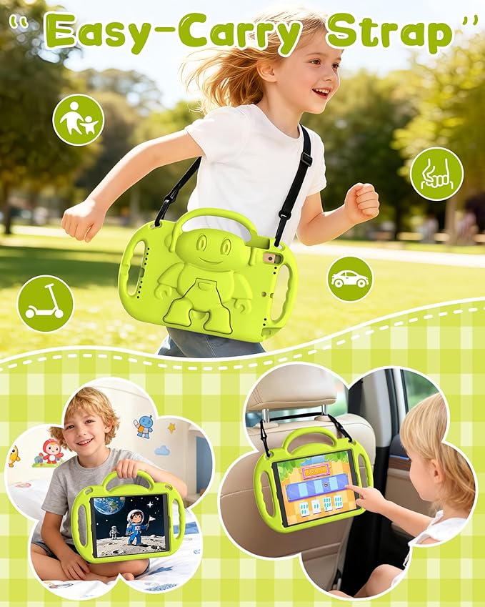 Kids Case for iPad 5th/6th Generation (9.7 inch, 2017/2018) & iPad Air 1/2 9.7" & Pro 9.7, Durable Shockproof Lightweight Kids Cover with Shoulder Strap/Handle/Kickstand, Light Yellow