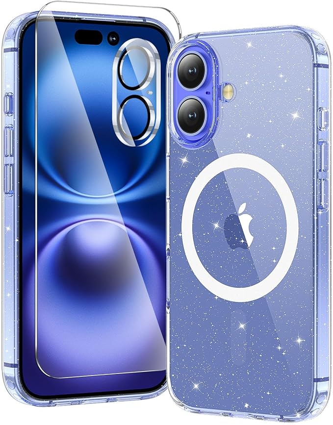 toushion 3 in 1 for iPhone 16 Case Clear with MagSafe, Not Yellowing, Screen Protector*1 Camera Lens Protector*1, Military-Grade Protection for iPhone 16 Phone Case 6.1 inch Clear Glitter