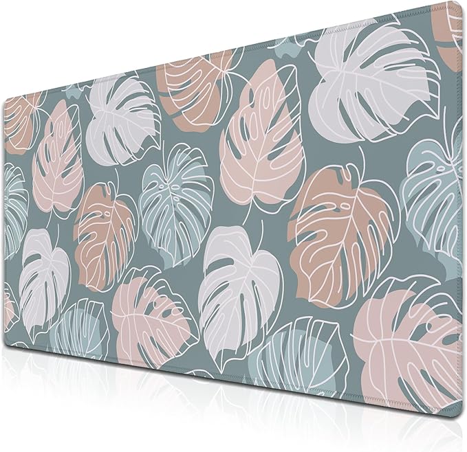 Large Desk Mat Green, Gaming Mouse Pads Office Desk Pad, Keyboard Desk Mat Non-Slip Rubber Base Waterproof with Stitched Edges, 35.4 X 15.7 inch for Work/Game/Office/Home Tropical Monstera