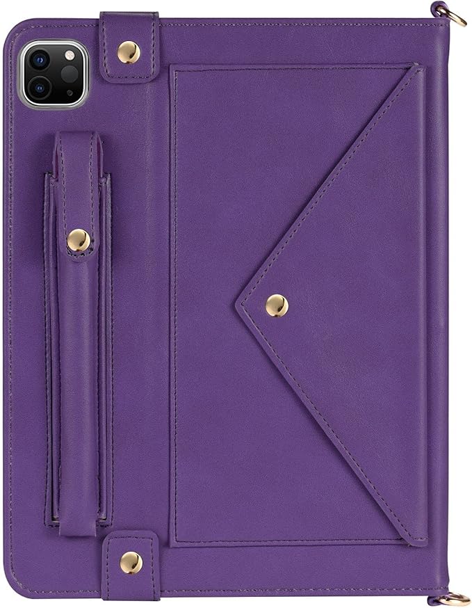 Handbag Case for iPad Air 13" & Pro 12.9" 2018-2022, Techcircle PU Leather Folio Stand iPad Crossbody Wallet Case with Pencil Pocket, Card Slots, Hand Strap+Shoulder Strap, Purple