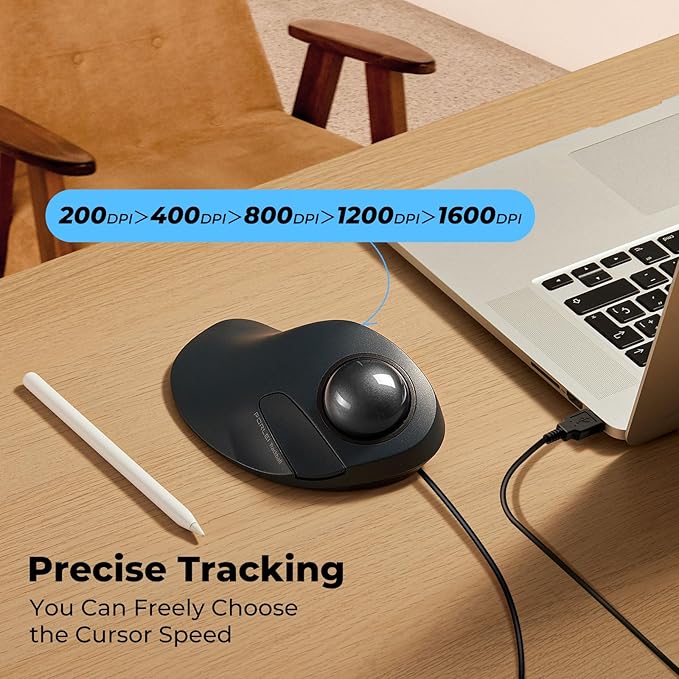 Wired Trackball Mouse for Large Hands, Ergonomic Design Reduces Wrist & Muscle Strain, Precision Tracking with Easy Index Finger Control, Compatible with PC, Laptop, Windows, Mac, Black