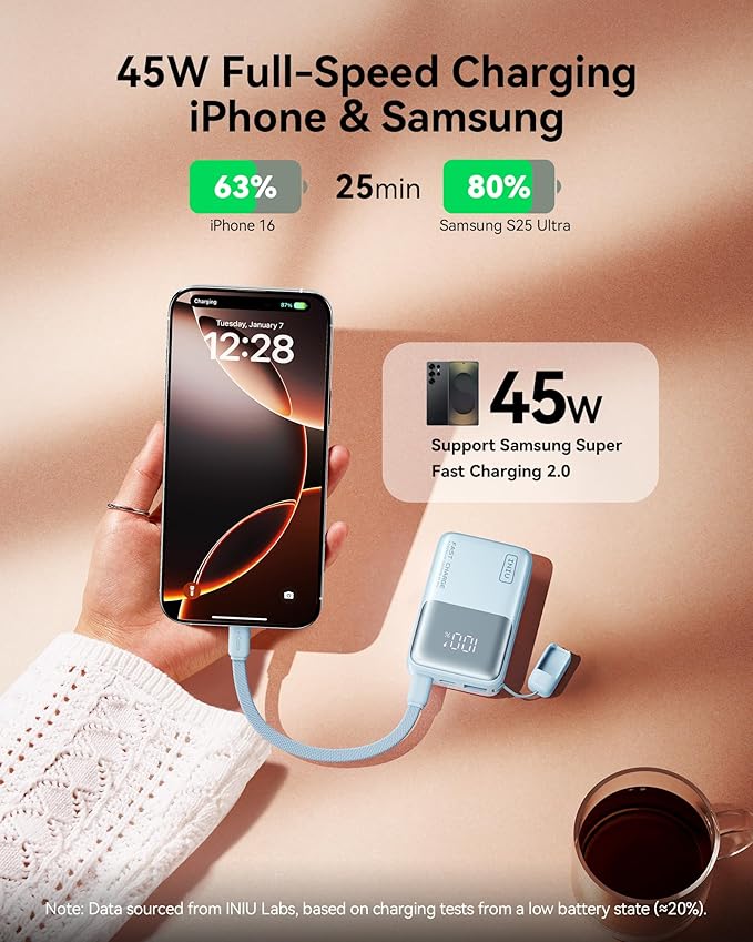 INIU Pocket Size Portable Charger, Ultra Small 10000mAh 45W PD Power Bank, Fast Charging Battery Pack, Travel Essentials Powerbank for iPhone 17 16 Pro Air, Xiaomi 17 Pro Max, Samsung S26, Light White