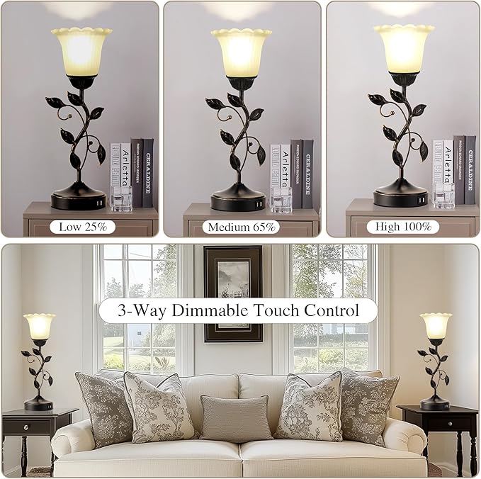 Set of 2 Touch Bedside Vintage Lamps with 2 USB Ports, 3-Way Dimmable Flower Lamps, White Glass Shade Rustic Leaf Lamp for Bedroom Side Table, LED Bulb Included