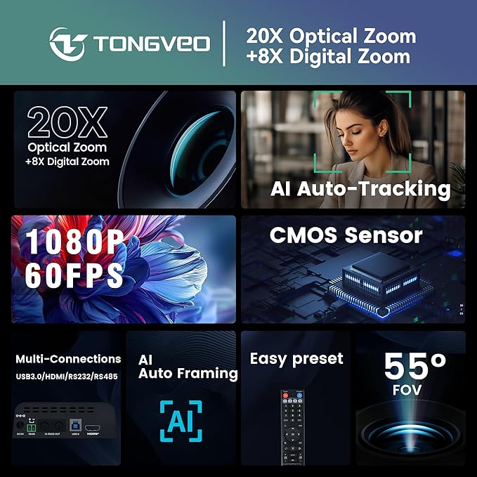 TONGVEO Conference Room PTZ Camera System with 20X Optical Zoom, AI Auto Tracking 1080P 60fps HDMI USB Webcam for Church Streaming Online Video Conference,Compatible with Zoom, OBS Easy Setup