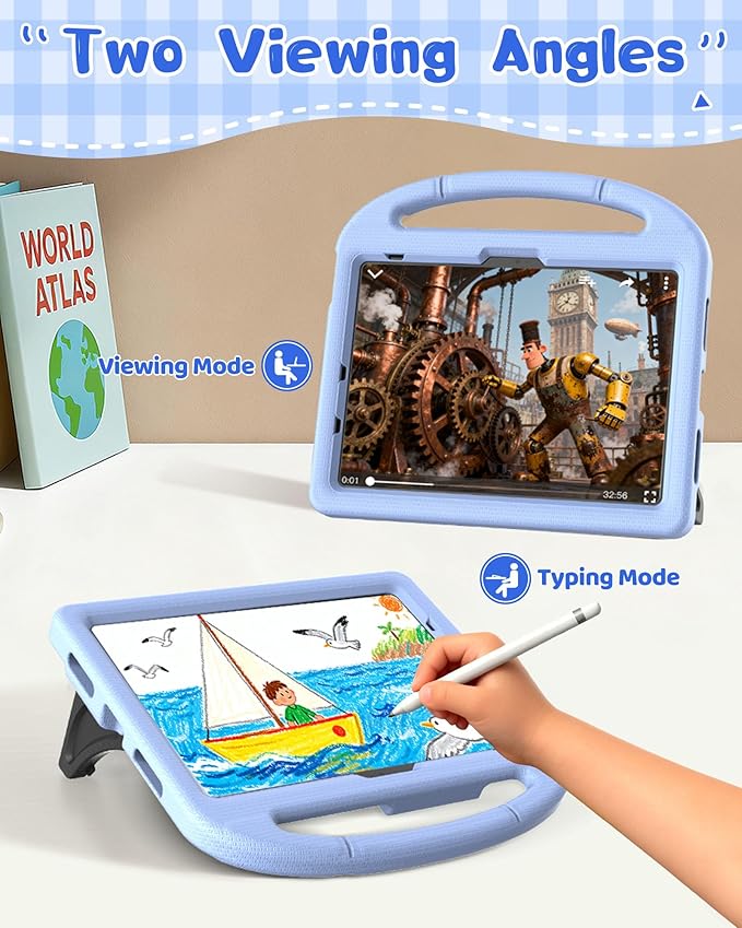 Kids Case for iPad A16 11th Gen 11-Inch 2025 & iPad 10th Generation (10.9" 2022), Durable Shockproof Fully-Body Cover with Screen Protector/Pencil Holder/Stand/Handle for Kids, Light Blue
